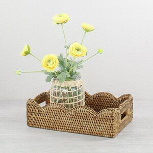 NEW Tight Woven Scalloped Edge Rattan Tray with Handles-Honey Brown